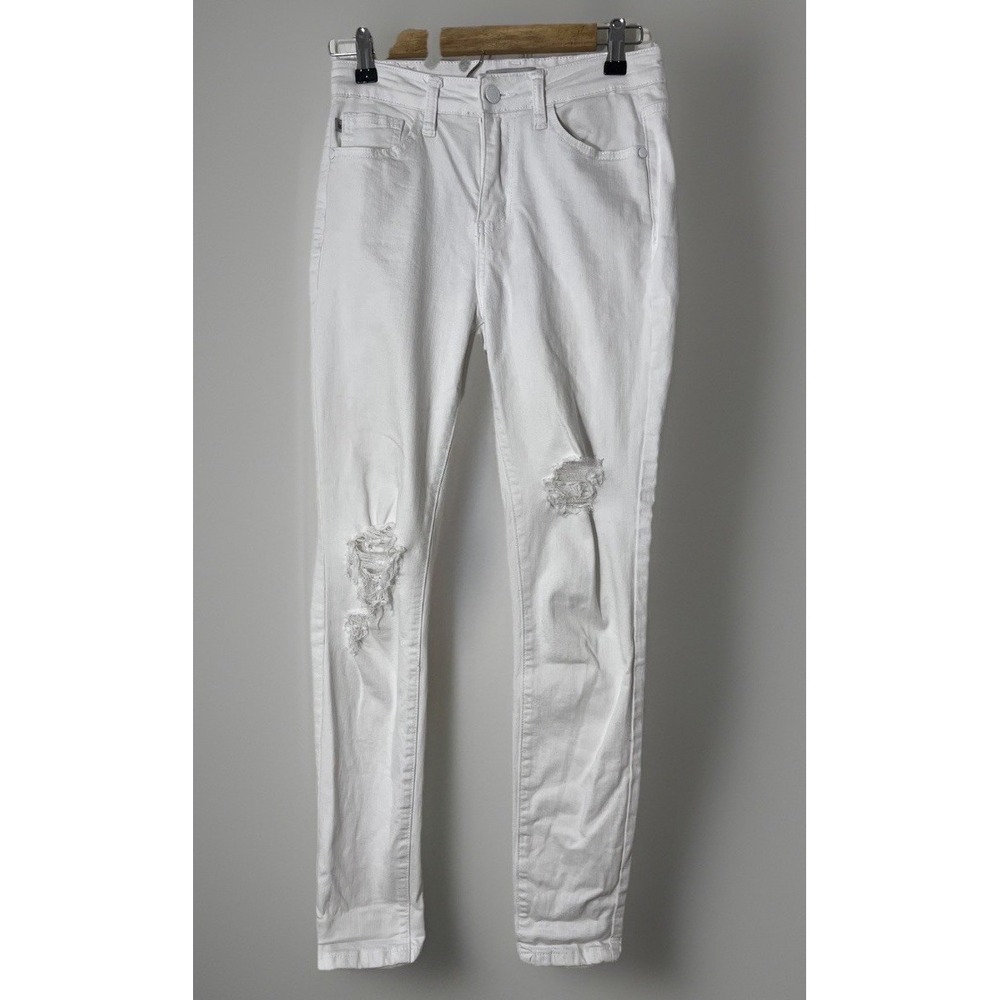 JUDY BLUE Distressed Skinny Jeans Womens 5/27 White Mid Rise Stretch Ripped Knee